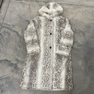 Skyline Faux Fur Coat Womens OS White Snow Leopard Good Hooded Longline Glam
